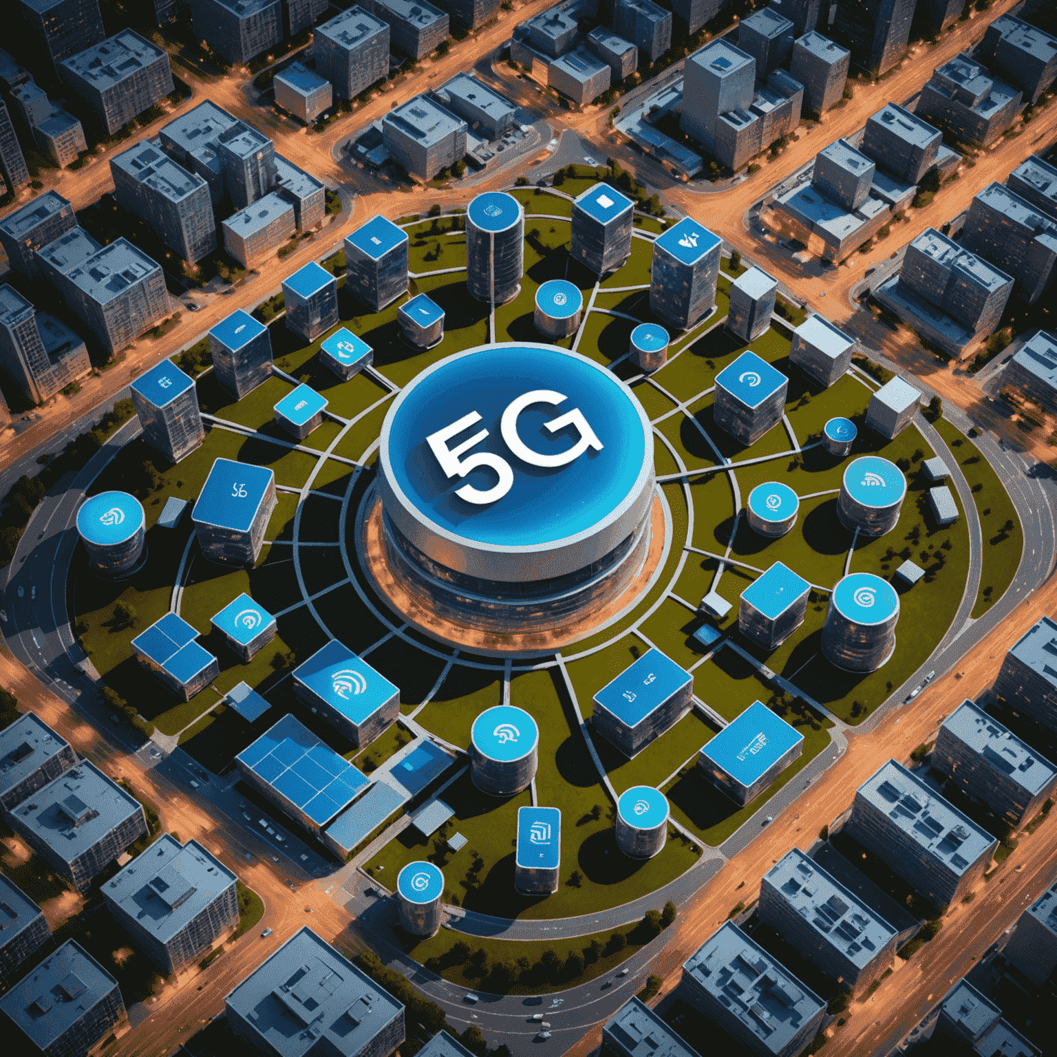 صورة توضيحية لتقنية الجيل الخامس 5G مع هوائيات وأجهزة اتصال حديثة