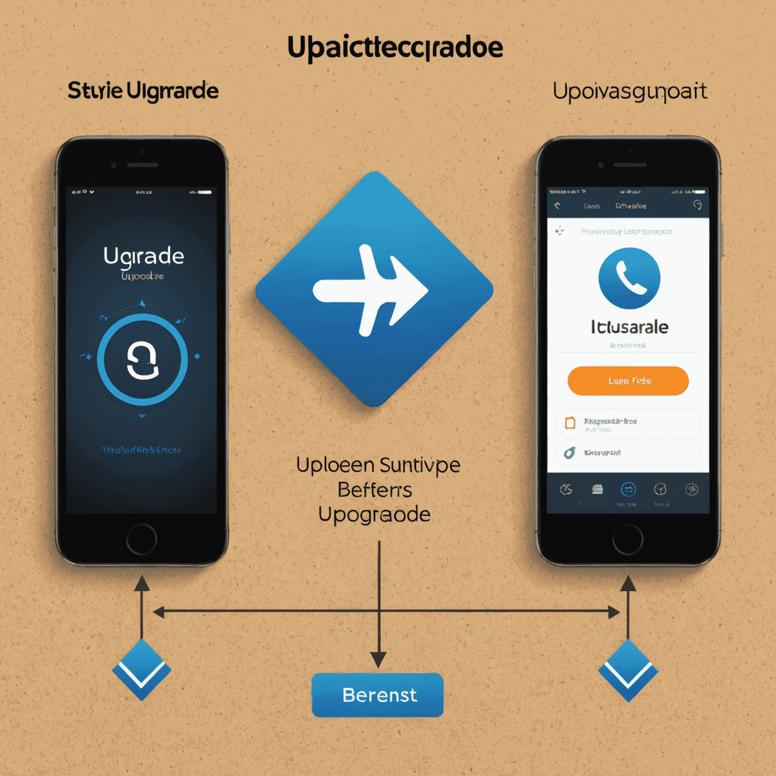 صورة توضيحية لعملية ترقية الهاتف، تظهر مقارنة بين هاتف قديم وهاتف جديد مع أسهم تشير إلى مزايا الترقية